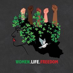 a woman's head with hands on it and the words women, life, freedom