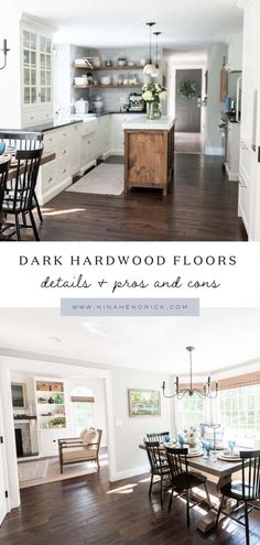 the inside of a kitchen and dining room with hardwood floors, white cabinets, and dark wood flooring