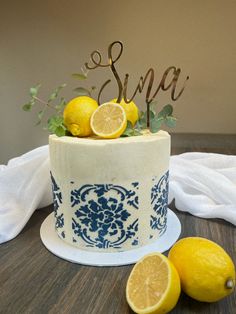 Birthday cake 
Mediterranean cake 
Blue white cake 
Lemon cake 
Amalfi coast cake Amalfi Coast Cake, Amalfi Cake, Mediterranean Shower, Yellow Cakes, Graduation Brunch, Lemon Themed Bridal Shower, Italian Party, 89th Birthday