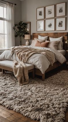 Discover ten inspiring cozy bedroom ideas that will help you refresh your space into a tranquil retreat. From warm color palettes to inviting textures, these tips will create a haven of comfort! Bedroom Inspiration Couples, Cozy Couple Bedroom Aesthetic, Cozy Main Bedroom, Mountain Modern Bedroom Master Suite, Cosy Warm Bedroom Aesthetic, Bedroom Ideas For Medium Rooms, Bed Set Up Ideas