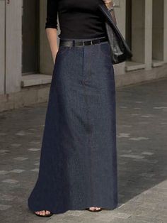 Loose No Belt Pockets Solid Color Skirts Bottoms BLUE-S High Waist Long Skirt, Quoi Porter, Fashion Bottoms, Floor Length Skirt, Denim Maxi Skirt, Fashion Seasons, Fitted Skirt, Skirts With Pockets, High Waisted Denim