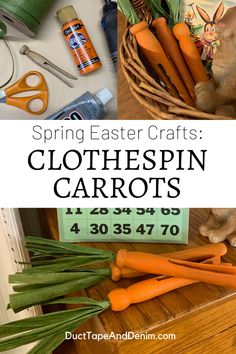 a basket filled with carrots sitting on top of a wooden table next to scissors