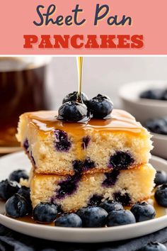 a piece of cake with blueberries on top and the words sweet pan pancakes above it