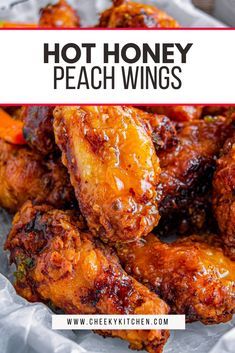 hot honey peach wings with text overlay