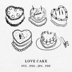 four cakes with hearts on them are drawn in black and white, one is for love cake the other is for valentine's day