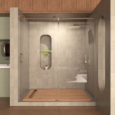 a bathroom with a wooden floor and glass shower door, along with a plant in the corner