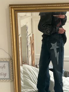 Distressed Star Jeans, Star Pants Jeans Diy, Star Back Pocket Jeans, Star On Pants, Star Pants Jeans Y2k, Grunge Bleached Jeans, Star Cutout Jeans, Star Jeans Painted, Diy Pants Bleach