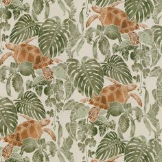 a green and orange wallpaper with lots of leaves