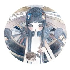 a girl with long hair holding a cup