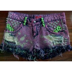 AMAZING PINK acid wash denim cut offs shorts studded grunge pastel... ($57) ❤ liked on Polyvore featuring shorts, bottoms, studded denim shorts, cutoff shorts, stretch shorts, pink shorts и leopard print shorts Scene Shorts Outfit, Scene Shorts, Goth Shorts, Punk Shorts, Pastel Shorts, Bleached Shorts, Checkered Shorts, Goth 90s, Frayed Shorts