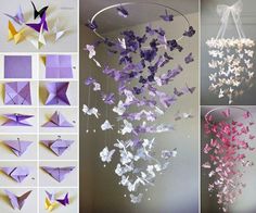 several pictures of different types of origami butterflies hanging from the ceiling and on display