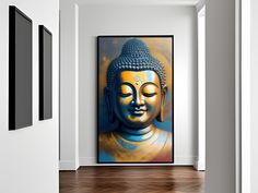 a large buddha painting in a white room