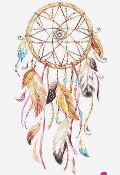 a watercolor drawing of a dream catcher with feathers and beads hanging from it's sides