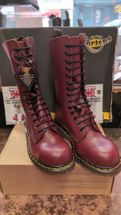 These are a model of Dr Martens boots,that have not been in production for many a year. These are 14 hole Cherry steel toe cap boots. They were last made in 2007, and therefore made under license overseas. They are a high quality boot and extremely rare. Dr Martens now do not as a brand make steel cap boots. These are very desirable. We have sizes 5/38, 7/41 , 10/45 and 11/46 available. Winter Steel Toe Snip Toe Boots, Winter Combat Boots With Steel Toe, Steel Cap Boots, Shoes Boots Combat, Skinhead Boots, Steel Boots, Dr Martens Men, Leather Clothes, High Quality Boots