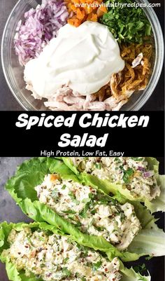 Top down view of protein chicken salad ingredients in bowl and chicken salad in lettuce leaves. Cottage Cheese Chicken Salad, High Protein Chicken Salad Recipe, Healthy Chicken Salad With Cottage Cheese, Shirazi Salad Over Cottage Cheese, Low Calorie High Protein Chicken Salad, High Protein Chicken Salad