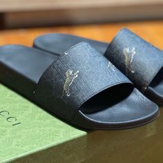 Mens Gucci Slides Worn 1 Time. Comes In Original Box Gucci Cushioned Slides, Black Gucci Slides With Rubber Sole, Gucci Black Slides With Cushioned Footbed, Gucci Interlocking G Slides, Gucci Designer Slip-on Slides, Gucci Slides, New Me, Gucci Black, Gucci Shoes