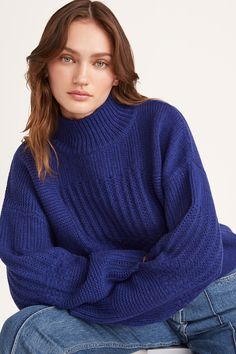 Valais Sweater in Cobalt – Merlette Blue Turtleneck Sweater With Ribbed Cuffs, Blue Long Sleeve Turtleneck With Ribbed Cuffs, Blue Turtleneck For Winter Layering, Blue Winter Turtleneck With Ribbed Cuffs, Blue Ribbed Cuff Turtleneck For Winter, Blue Funnel Neck Sweater With Ribbed Cuffs, Blue Ribbed Cuffs Turtleneck For Winter, Blue Chunky Knit Turtleneck Sweater, Blue High Neck Sweater For Fall