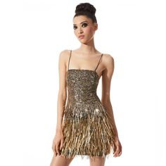 Never Worn With Tag, Size 6 Retail For $995 Alice + Olivia's Fifi Minidress Showcases Dazzling Sequins And Metallic Fringe. This Fitted Style Is Complete With A Square Neck, Spaghetti Straps, And A Back Cut Out. Squareneck Sleeveless Back-Zip Closure Spaghetti Straps Sequins Metallic Fringe Back Cut Out 91% Nylon/9% Elastane Combo: 100% Polyester Dry Clean Imported About 32” From Shoulder To Hem 14” Waist 15.5” Bust Luxury Sequin Mini Dress, Sequin Mini Dress With Jacket, Sequin Gatsby Dress, Sequin Dress Short Wedding, Fringe Dress Hoco, Vegas Sequij Dress, Brits Awards Dresses, Sequin Dress Short Gold, Gold Sequin Dress Short Accessories