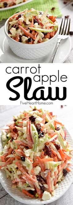 carrot apple slaw salad with cranberries and raisins in a white bowl