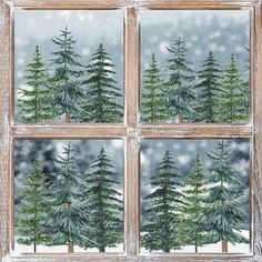 the window is decorated with snow and evergreen trees