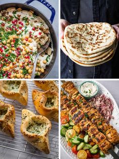 four different pictures with various food items including bread, salads and pita bread