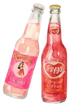 two bottles of fago are shown in this watercolor drawing, one is pink and the other is red