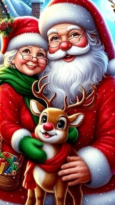 santa and his reindeer are hugging each other