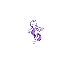 a drawing of a cat on a skateboard in purple and blue ink with the letter u underneath it