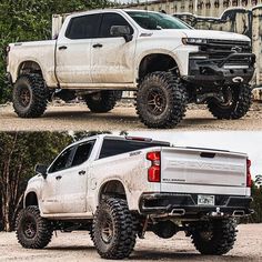 two pictures of the same white truck in different positions, one is off - road