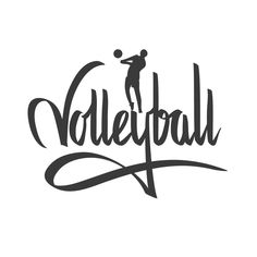 the word volleyball written in cursive writing with a person jumping up to hit a ball