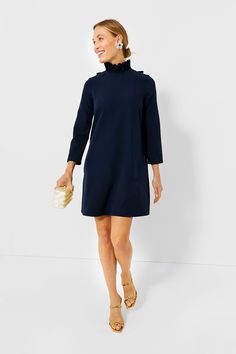 Navy Daphne Dress | Tuckernuck Tuckernuck Style, Tuckernuck Dress, Daphne Dress, Marvin Gaye, Stretch Crepe, Mod Dress, Crepe Fabric, Stand Collar, Ruffles