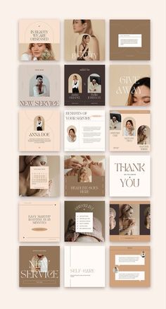 a bunch of different types of brochures on a white and beige background with the words new service