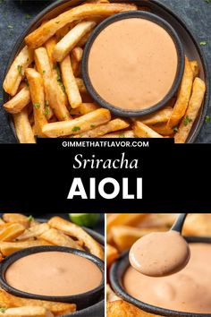 an image of homemade sriraca aioli fries with dipping sauce in the middle