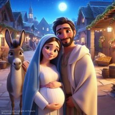 a pregnant woman standing next to a man in a nativity scene with donkeys