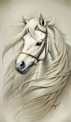 a white horse with long hair on it's head is shown in this artistic painting