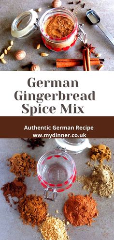 german gingerbread spice mix in a glass jar with spoons and spices around it