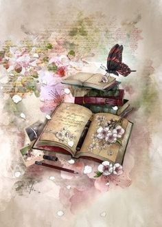 an open book sitting on top of two books with butterflies flying over it and flowers in the background