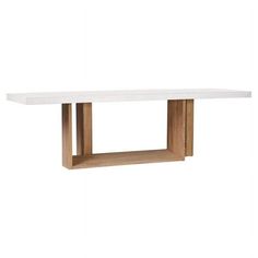 a white table with wooden shelves on it