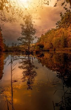 the sun shines brightly through the clouds over a body of water with trees in it