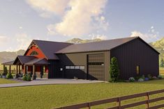 an artist's rendering of a barn style home in the country with a large front yard