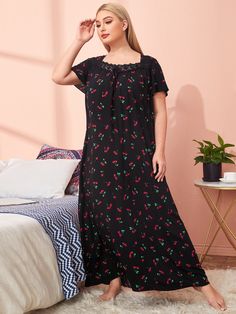 Nighty Designs, Kids Designer Dresses, Short Sleeve Pattern, Cherry Print, Lace Cami, Nightgowns, Trendy Fashion Women