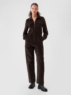 Soft corduroy utility jumpsuit.  Point collar, half zip front.  Long sleeves.  Patch pockets at chest.  Elasticized waist.  Front slant pockets, back patch pockets.  Fit: Classic.  An easy silhouette throughout.  Models wearing Gap Easy Silhouette, Utility Jumpsuit, Wrap Dresses, Fashion Fall, Back Patch, Winter 2024, Half Zip, Maxi Dresses, Women's Dresses