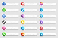 a set of social media buttons with different colors and shapes for your website or application