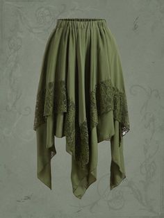 アーミーグリーン カジュアル Collar  ファブリック プレーン 非対称 Embellished ノンストレッチ Hanky Hem Skirt, Asymmetrical Midi Skirt, Look Festival, Fairy Skirt, Fairy Clothes, Skirt Y2k, Elegant Skirt