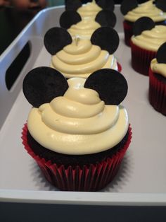 cupcakes with white frosting and mickey mouse ears