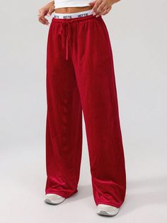 Red Velvet Christmas Trousers With Contrasting Belt Red    Knitted Fabric Letter,Plain Wide Leg High Stretch Fall/Winter Women Clothing, size features are:Bust: ,Length: ,Sleeve Length: Fabric Letters, Over The Knee Socks, Leg Avenue, Pantalon Large, Inspiration Mode, Maternity Bag, Kids Beachwear, Winter Women, Kid Shoes