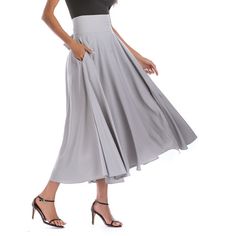 Light Gray High Waisted Swing A-line Maxi Skirt A-line Pleated Skirt With Pockets, Chic A-line Lined Maxi Skirt, Chic A-line Maxi Skirt With Lining, Fitted A-line Mini Skirt With Pockets, Elegant Flared Mini Skirt In Solid Color, Fitted A-line Maxi Skirt For Spring, Flowy A-line Maxi Skirt With Pockets, Gray High Waist Pleated Skirt For Spring, Spring A-line Maxi Skirt With Pockets