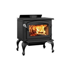 a black stove with flames in it on a white background and an open door to the oven