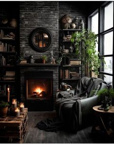 a living room with a fire place and bookshelves on the wall next to it