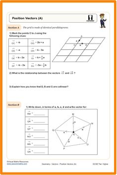 Dive into the world of position vectors with this engaging worksheet perfect for student practice. Covering topics like vector positioning, parallel vector properties, collinear points, and point positions based on given vectors, students will enhance their understanding in a fun and educational way. Maths Worksheets, Education